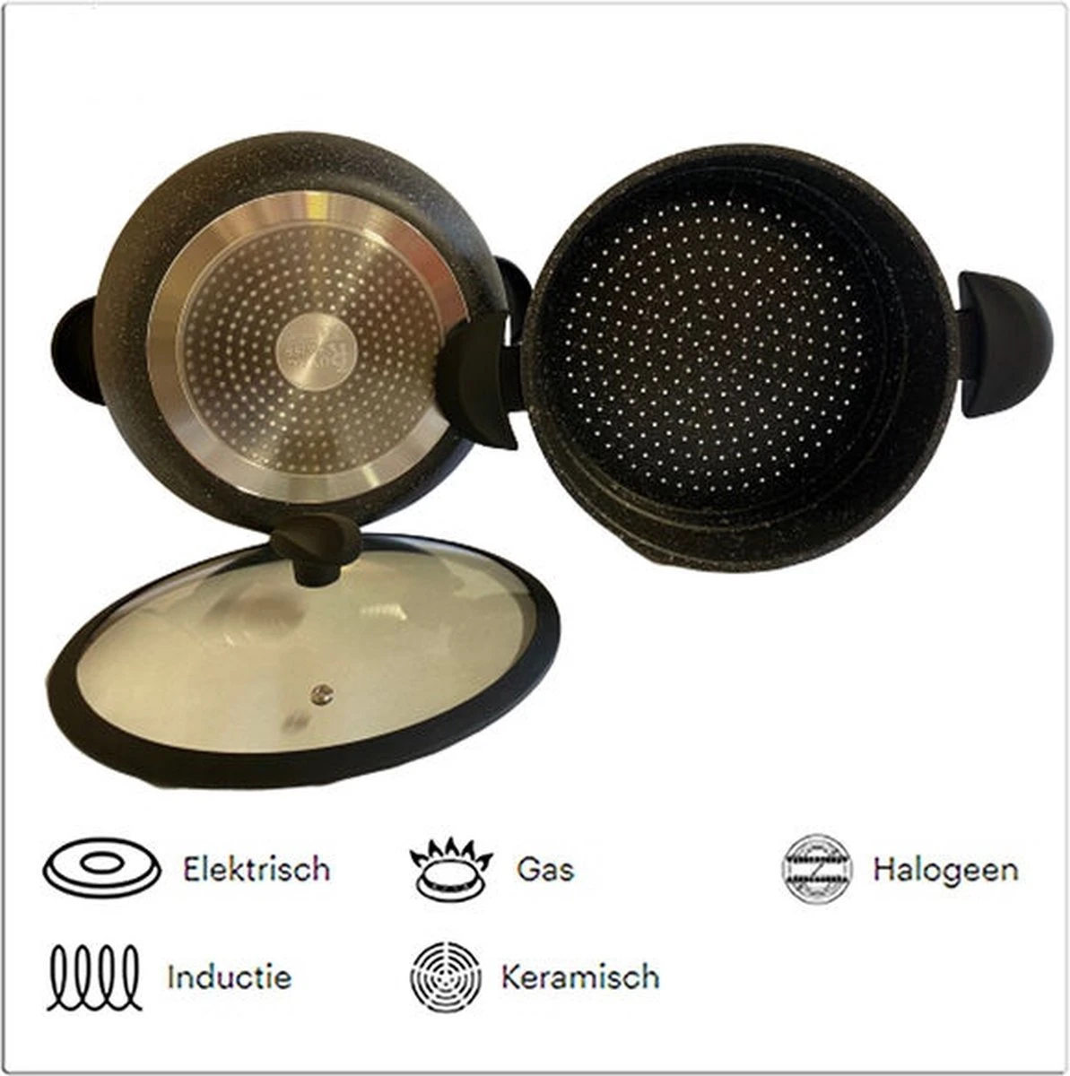 Royal Swiss Couscouspan - Couscoussier - Stoompan - 8L - Alle Warmtebronnen - Aluminium Stone-coated - Glazen Deksel - ZWART 2 Royal Swiss Couscouspan - Couscoussier - Stoompan - 8L - Alle Warmtebronnen - Aluminium Stone-coated - Glazen Deksel - ZWART - Afbeelding 2