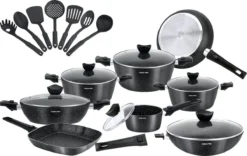 Royal Swiss® - 33-delige Pannenset Inductie - Pannensets - Afneembare Handgreep - Glazen Deksel - Geschikt Voor Oven - PFAS-vrij