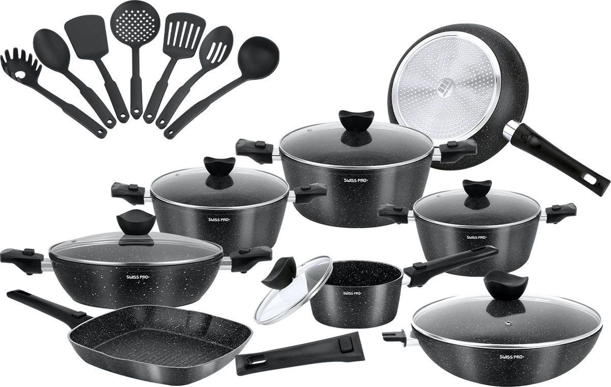 Royal Swiss® - 33-delige Pannenset Inductie - Pannensets - Afneembare Handgreep - Glazen Deksel - Geschikt Voor Oven - PFAS-vrij 1 Royal Swiss® - 33-delige Pannenset Inductie - Pannensets - Afneembare Handgreep - Glazen Deksel - Geschikt Voor Oven - PFAS-vrij