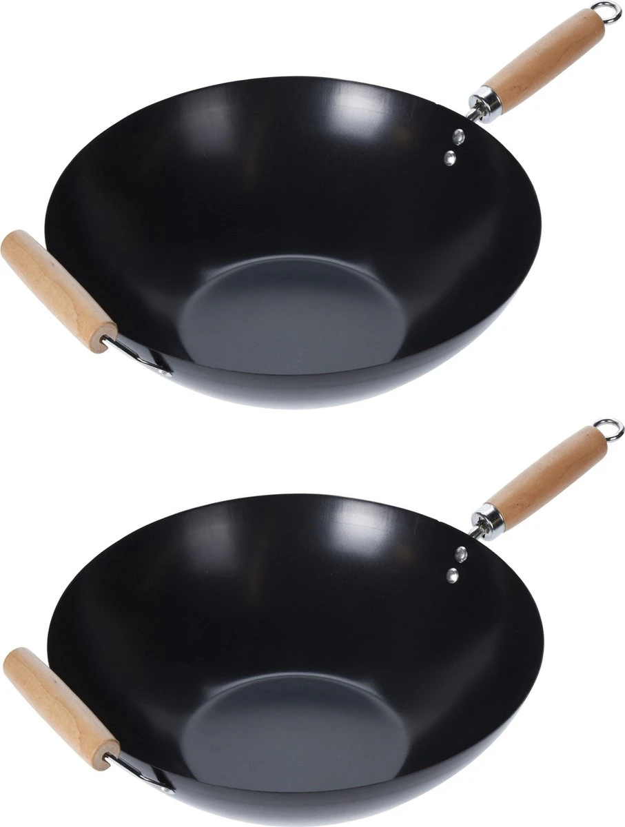 Wok Carbon Staal Ø35cm Houten Handgreep Wokpannen 3 Wok Carbon Staal Ø35cm Houten Handgreep Wokpannen - Afbeelding 3